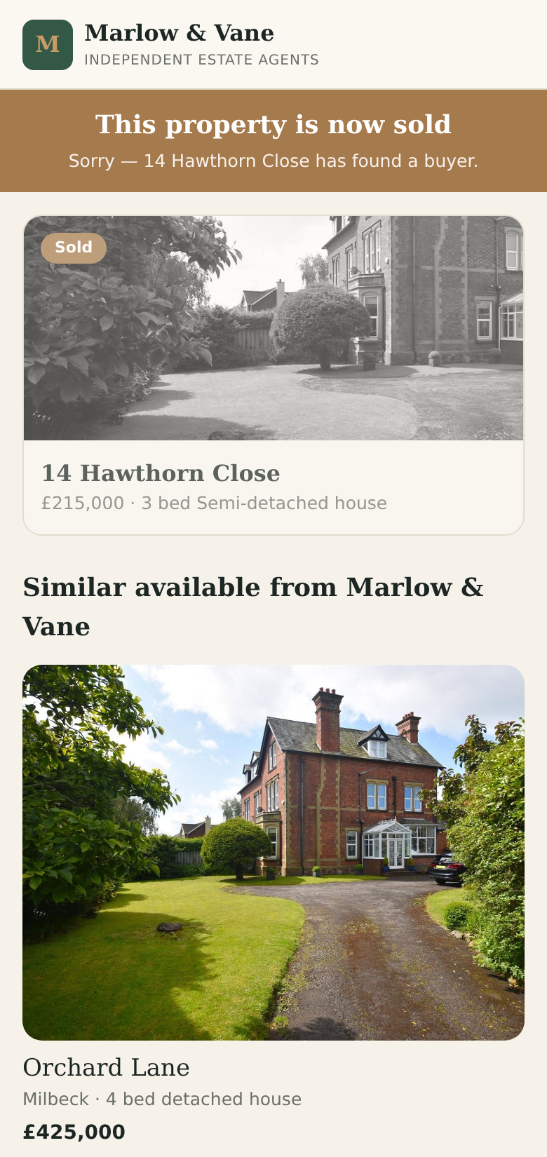 The sold-state buyer page: a Sold announcement followed by the agency's similar available properties nearby
